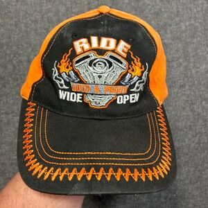 Biker Hat CSI Brand Mens Orange Black Ride Loud Proud Wide Open Embroidered